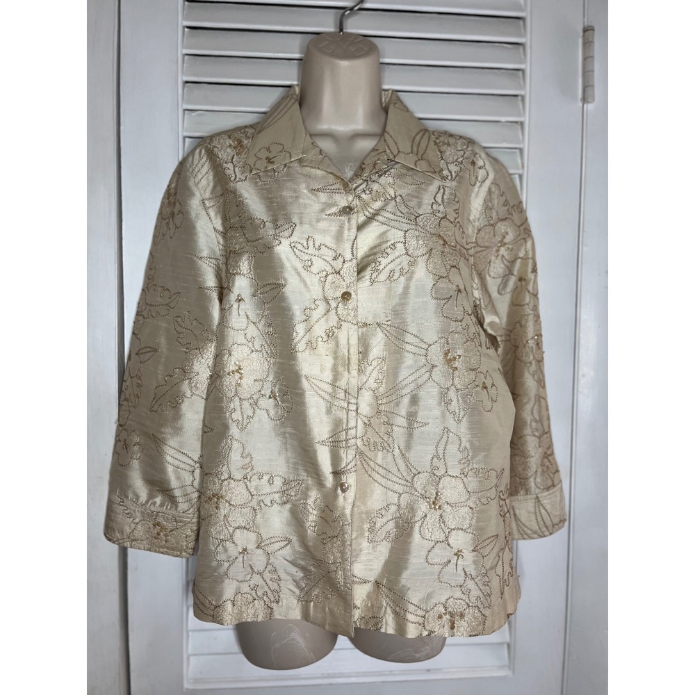 Vintage Easy Spirit Silk Embroidered Sequined Button Down Shirt  Size M